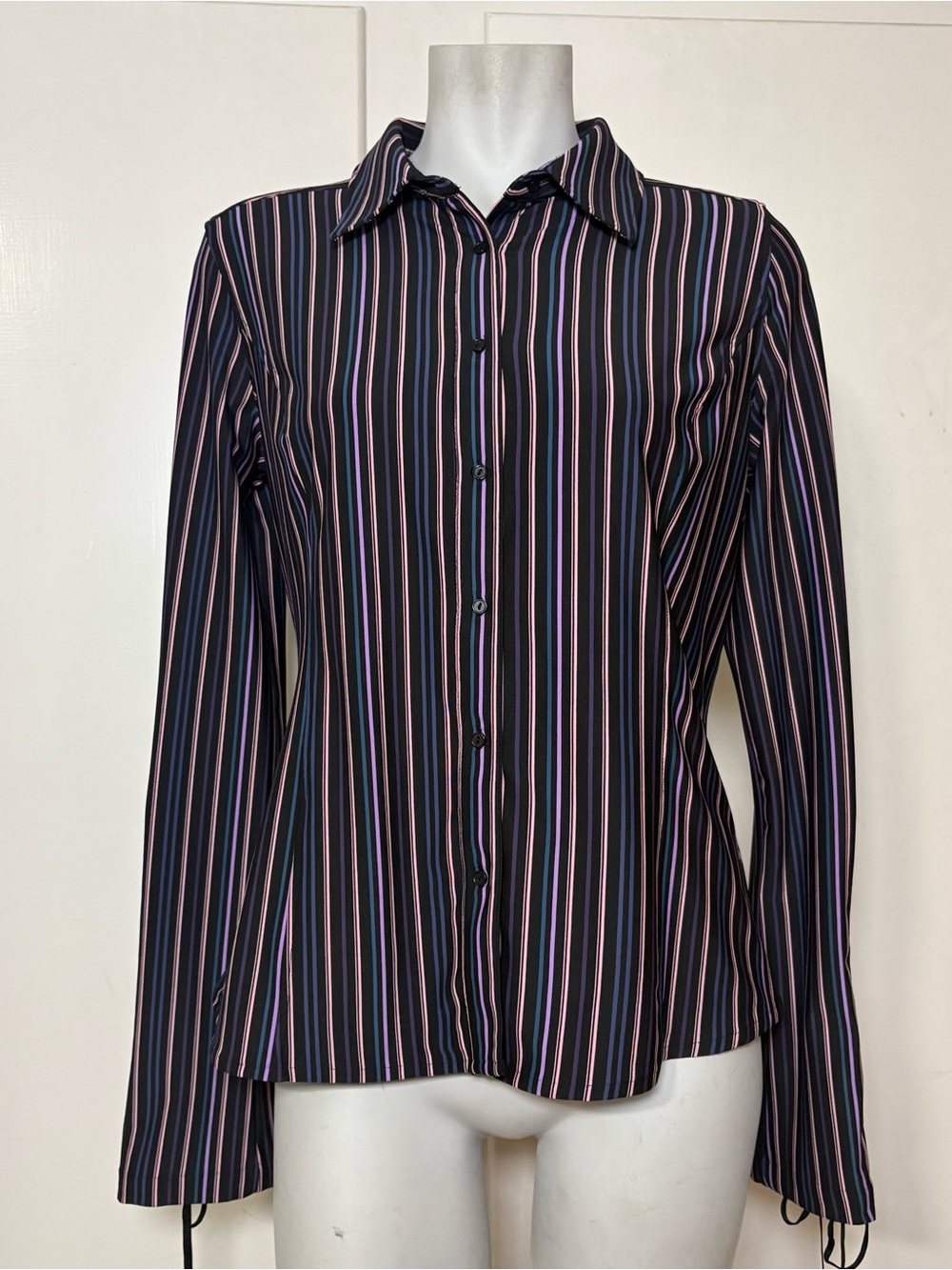 Vintage 90s/Y2K Express Purple Pink Striped Lace Up Goth Button Up Blouse